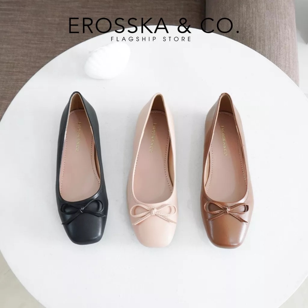 Erosska - Giày búp bê nữ đế bệt mũi tròn siêu êm đính nơ xinh xắn màu nâu _ EF015