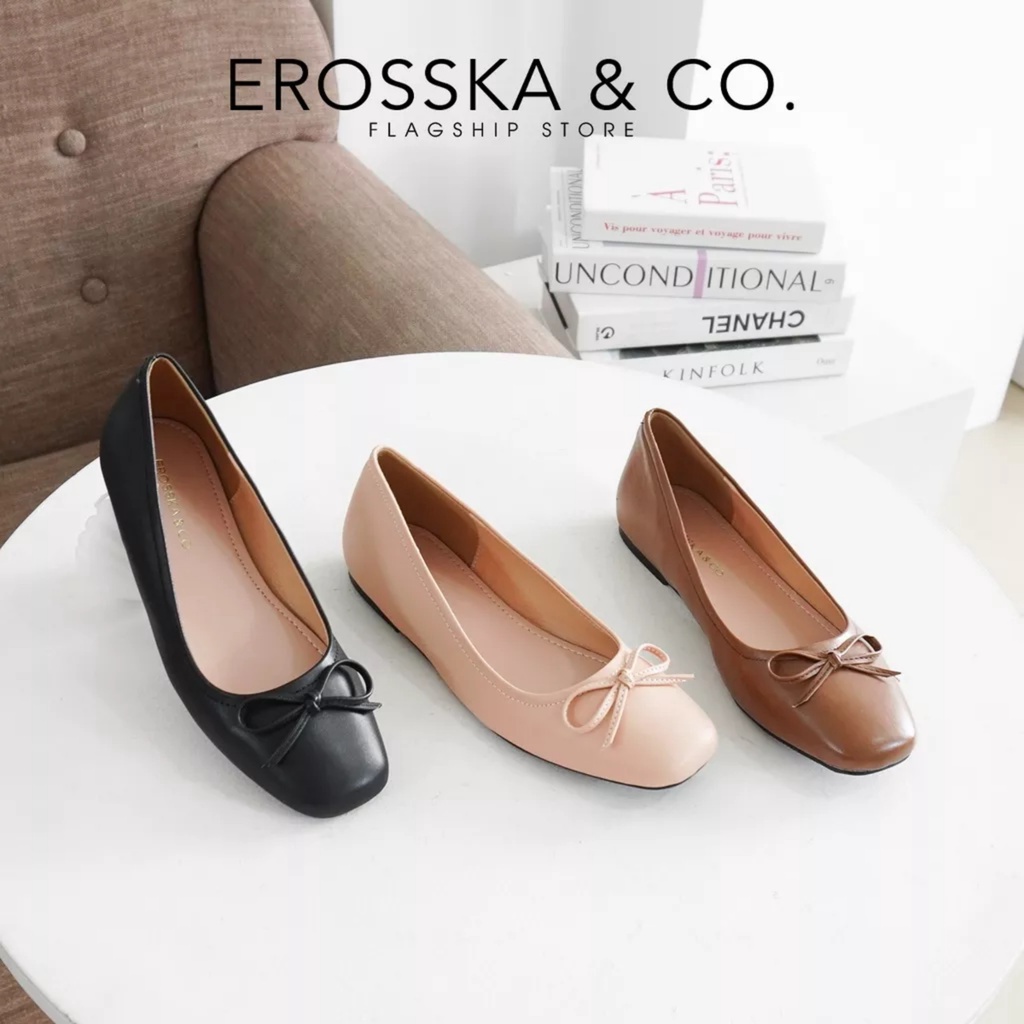 Erosska - Giày búp bê nữ đế bệt mũi tròn siêu êm đính nơ xinh xắn màu nâu _ EF015