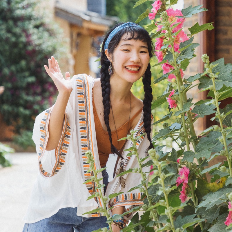 Áo khoác đi biển, khoác Kimono, hoạ tiết boho thêu viền