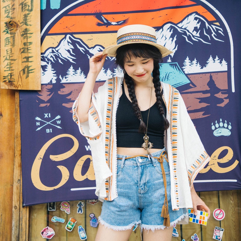 Áo khoác đi biển, khoác Kimono, hoạ tiết boho thêu viền