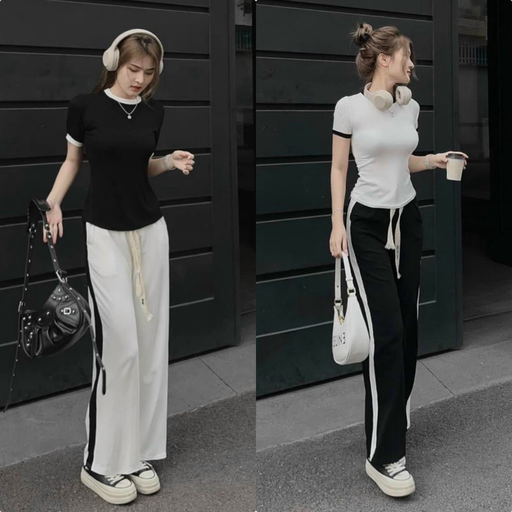Sét bộ áo tay ngắn cổ tròn viền đen kèm quần dài ống rộng cực hot