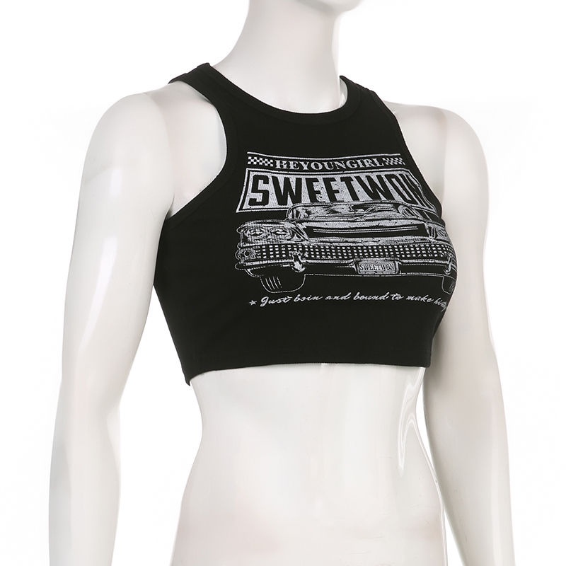 ZHELIHANGFEI Áo Croptop Dệt Kim Không Tay Lưng Cao Kiểu Retro Mỹ Gợi Cảm