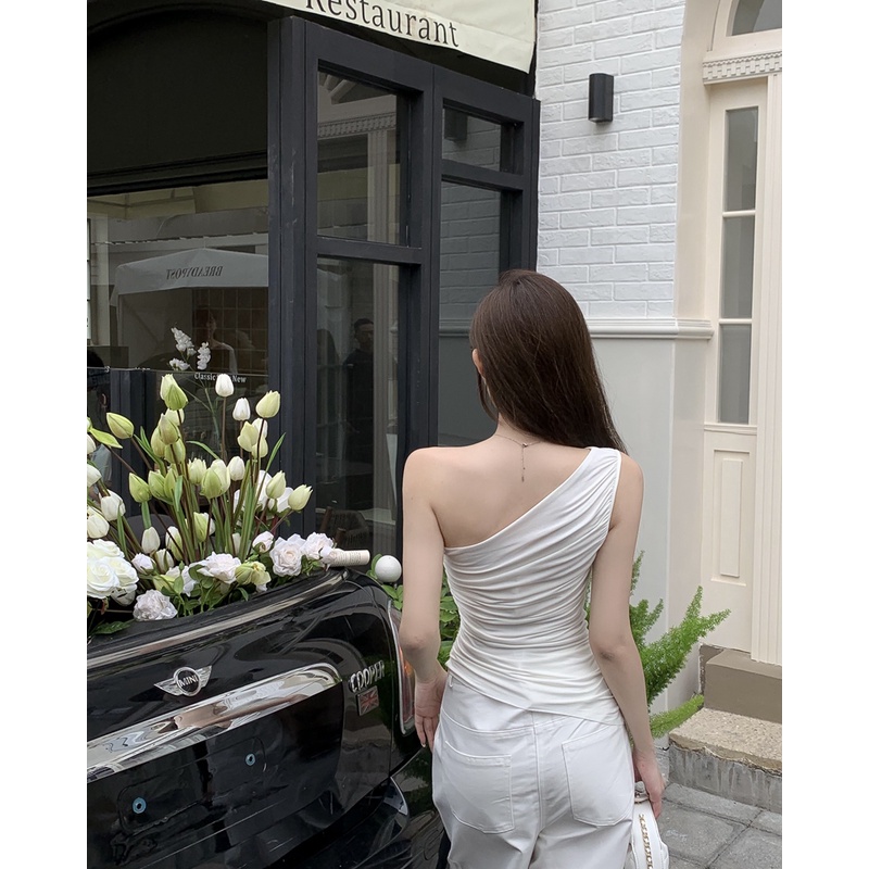 QKOOLE Áo trễ vai một bên không tay thời trang mùa hè cho nữ