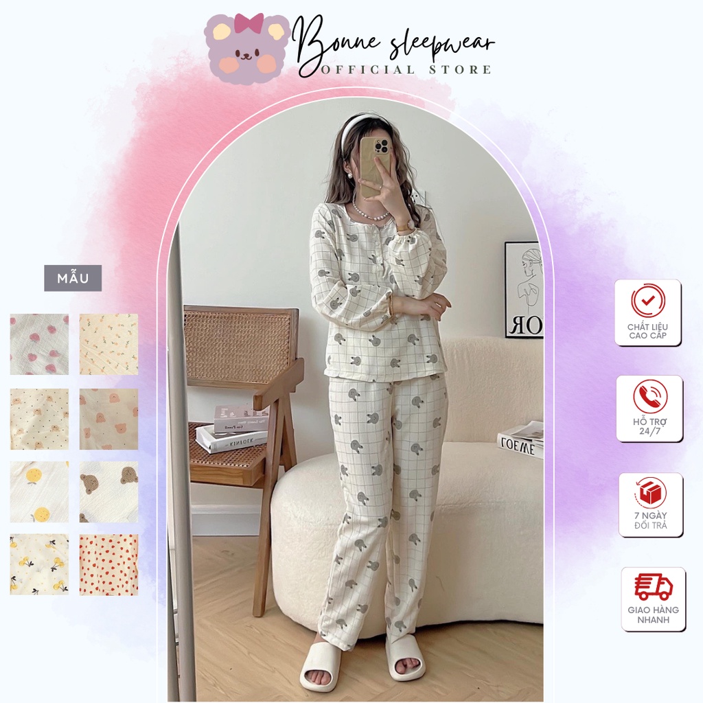 Đồ Ngủ Nữ Pyjama Mặc Nhà Chất Xốp Chuẩn Hàn BONNE Cổ Trụ Tay Dài Bo Chun