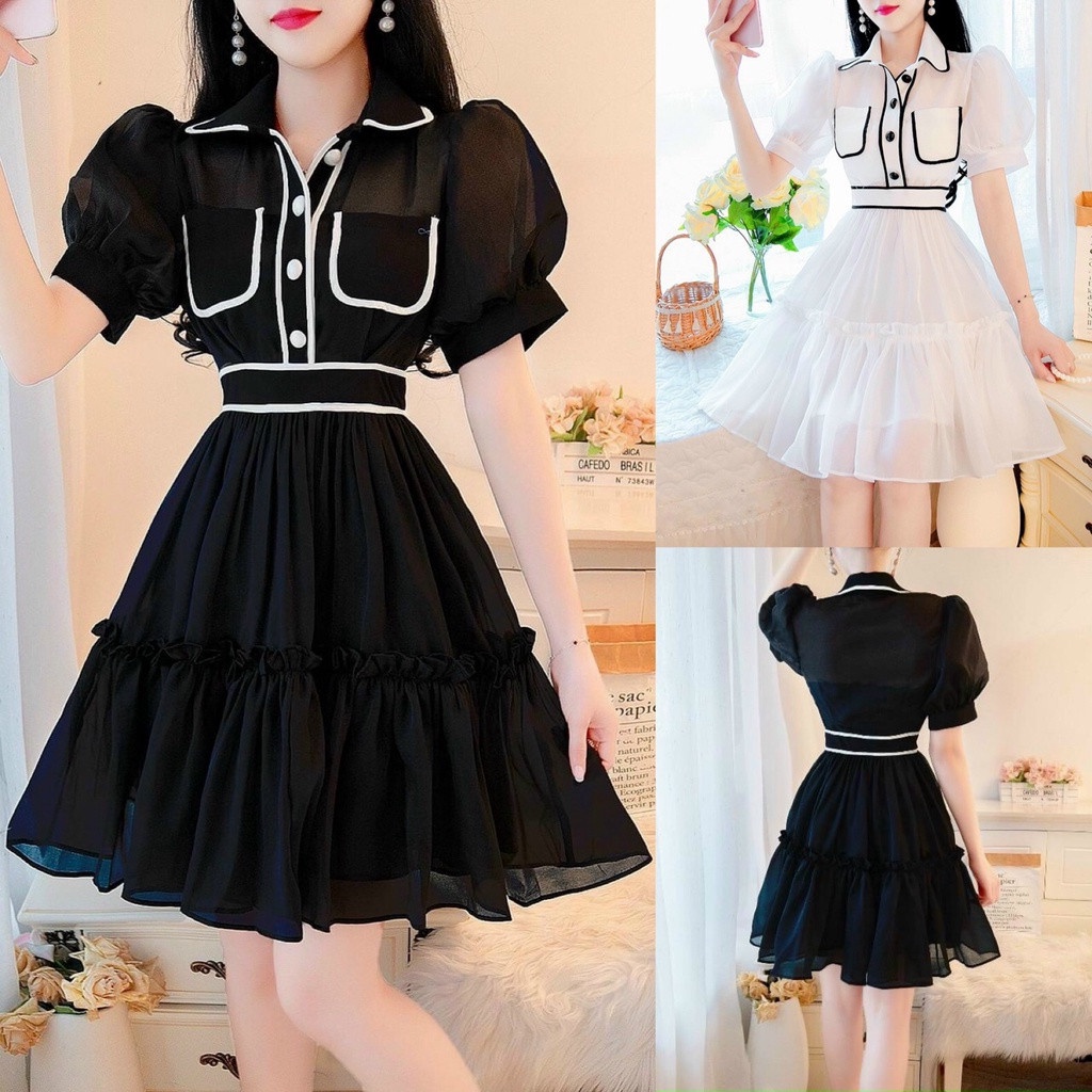 Đầm nữ dáng xòe tay phồng cổ sơ mi đính nút có túi viền né chất voan chinfon 2 lớp siêu xinh