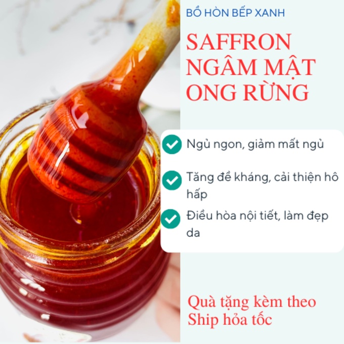 SAFFRON CHÍNH HÃNG-Nhụy hoa nghệ tây ngâm mật ong rừng tự nhiên, tặng kèm thìa gỗ, hạn sử dụng 24 tháng.