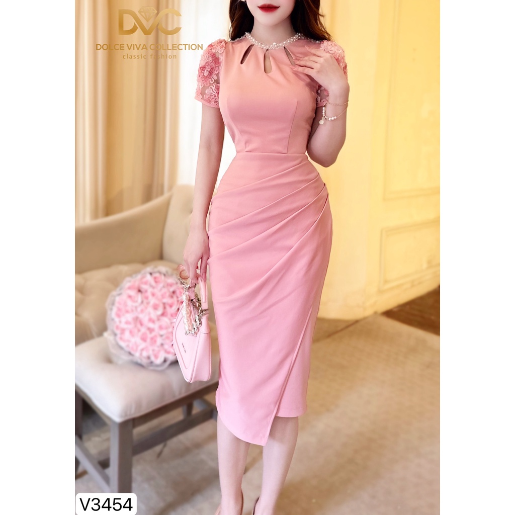 Váy body hồng cổ tròn viền ngọc, khoét ngực, cộc tay đính hoa V3454 - VÁY THIẾT KẾ DỰ TIỆC, CÔNG SỞ, DẠO PHỐ