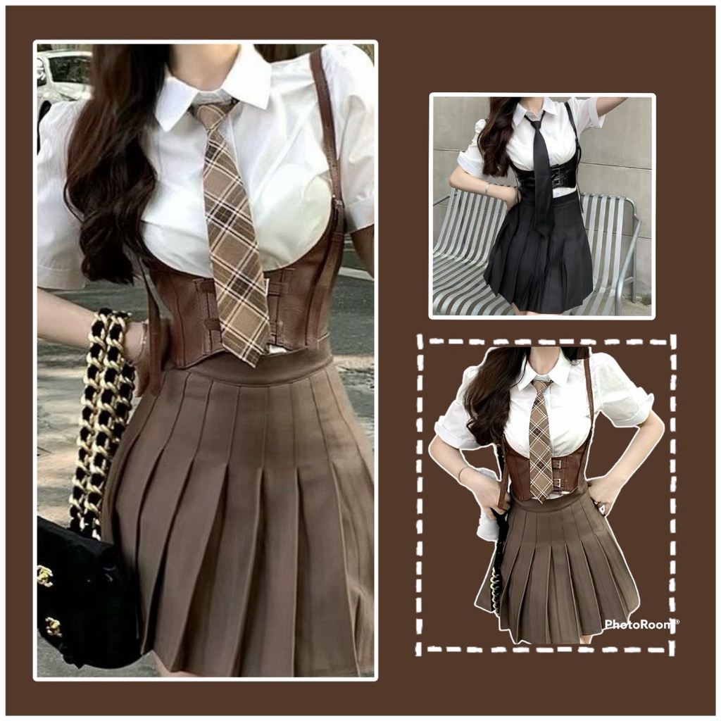 Cả set + cà vạt Kiểu Mỹ thắt lưng áo sơ mi vest hot girl tráng đồng phục phù hợp với đồng phục học sinh mùa hè