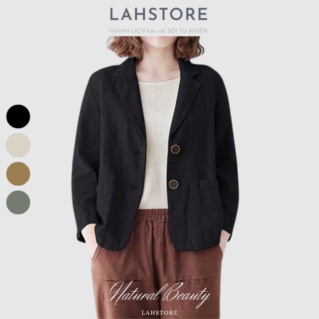 Áo blazer linen nữ 1 lớp LAHSTORE dáng suông 2 túi 2 cúc (Đen)