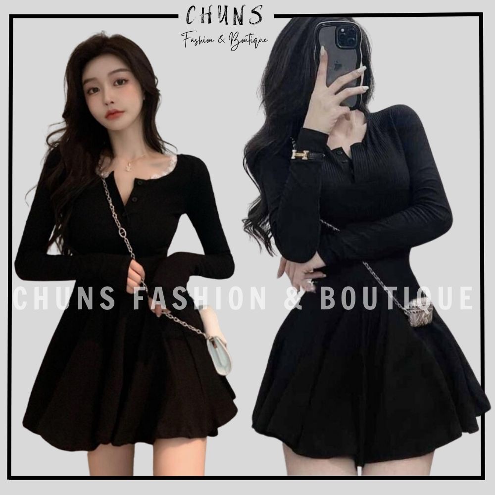 Váy body nữ dáng xòe, Váy dài tay nữ chất thun tăm co giãn cổ chữ V có cúc, sang chảnh, sexy tôn dáng