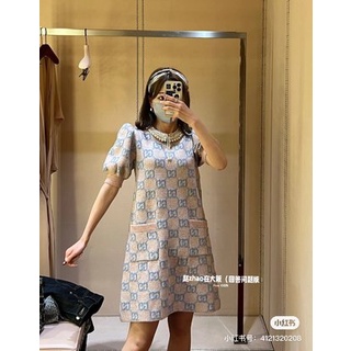 Váy len dệt kim ngắn tay nữ Gucci GC GG đính pearl thêu logo sành điệu