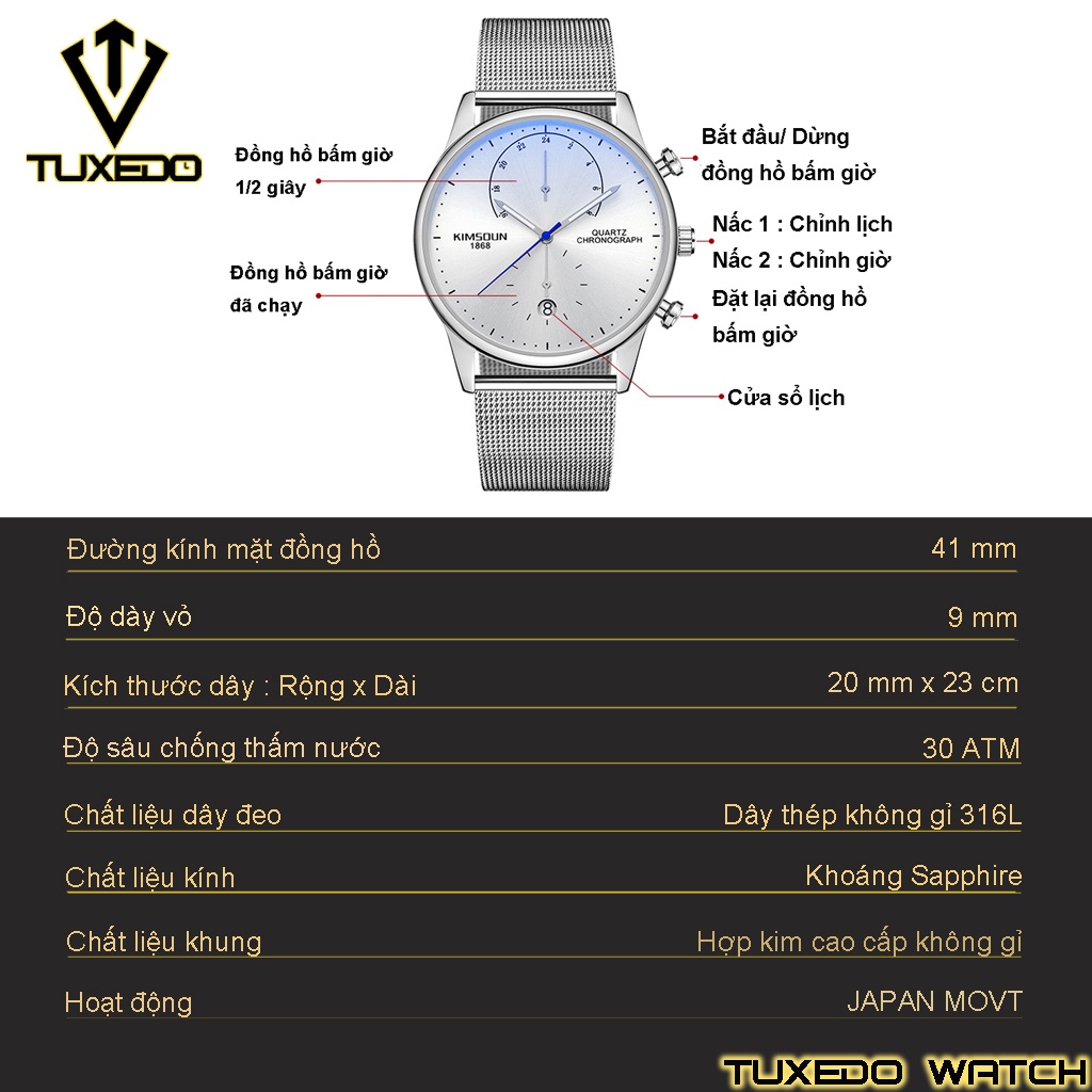 Đồng Hồ Nam Chính Hãng KIMSDUN TXD613 Bấm Giờ Thể Thao Dây Thép Lưới Cao Cấp TUXEDO WATCH