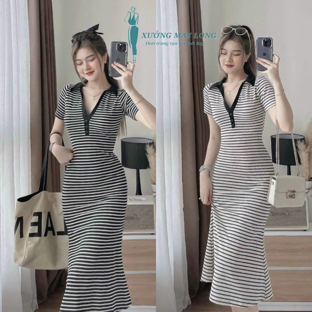 Đầm body sọc ngang ngắn tay cổ bẻ Váy kẻ ôm body nữ dáng ngắn Đầm Thun Cổ Trụ Polo Tay Ngắn Dáng Dài Maxi - Form Ôm Body