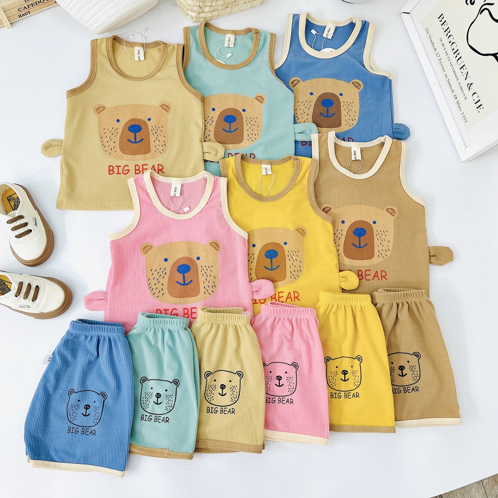 Bộ Ba Lỗ Cho Bé, Bộ Ba Lỗ Tăm Lạnh Tai Gấu Cho Bé Trai Bé Gái Từ 8 - 18kg