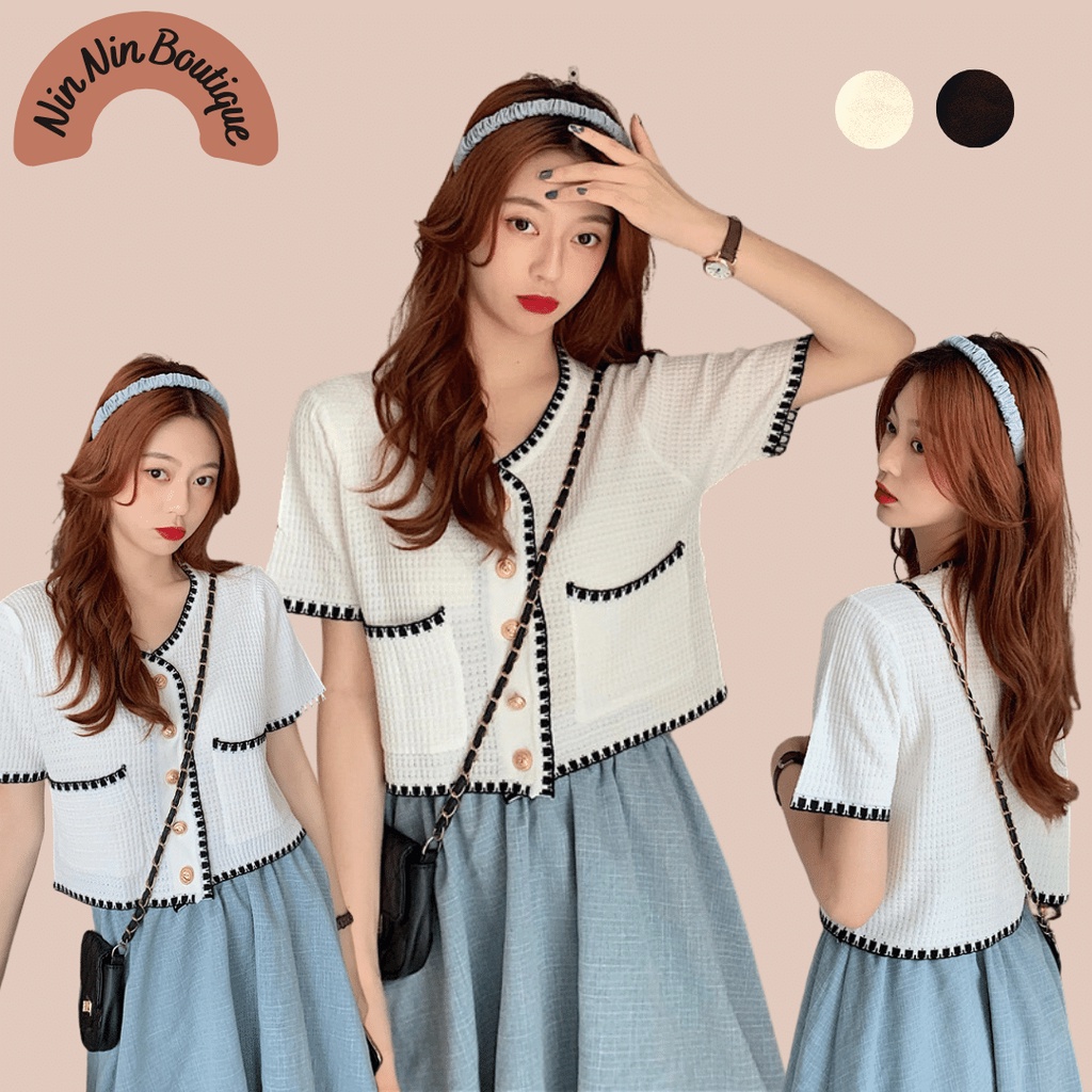 Áo cổ V tiểu thư vintage cúc viền siêu xinh Nin Nin Boutique - Áo cộc Hàn Quốc chất len mịn cúc đồng
