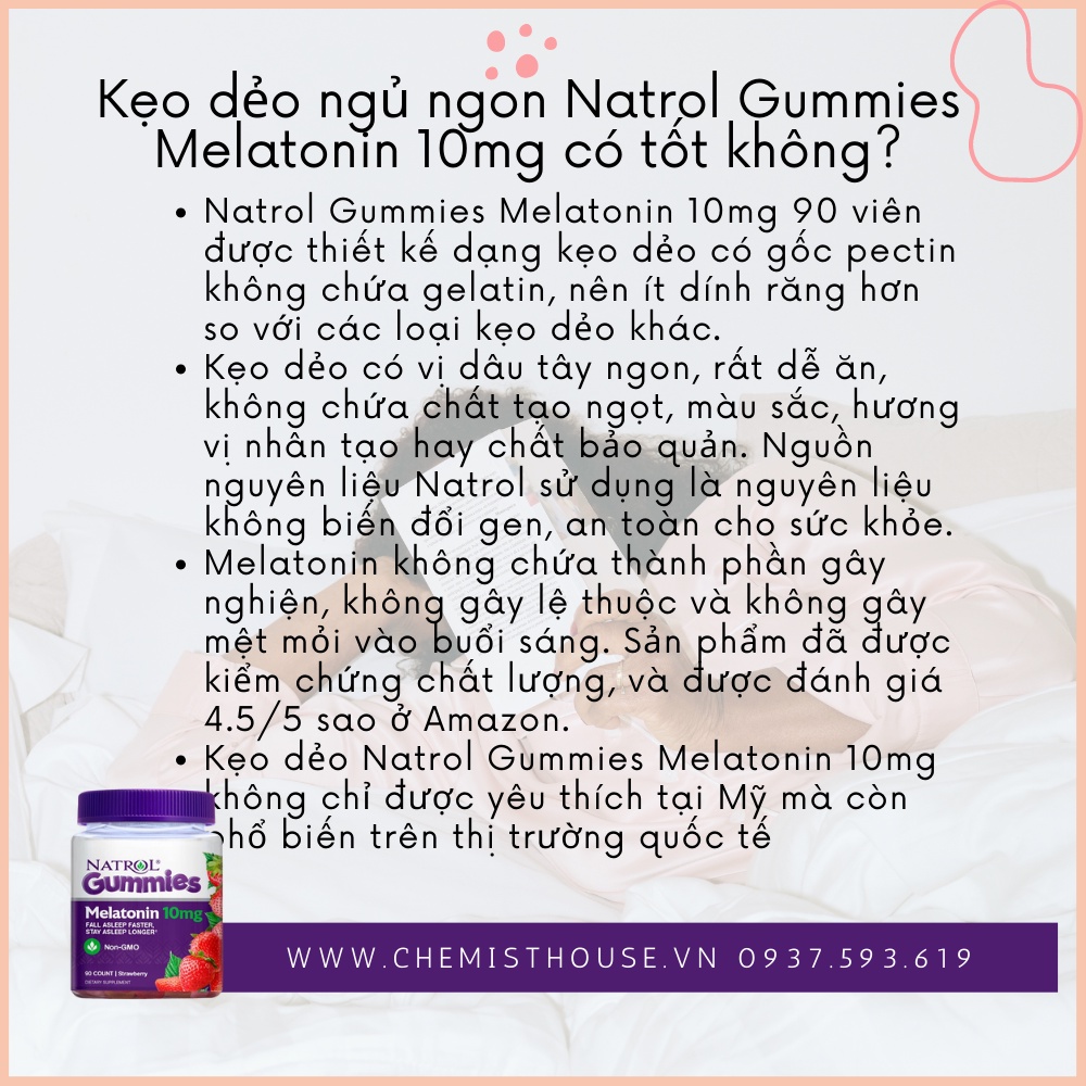 [Hàng Mỹ] Kẹo dẻo ngủ ngon Natrol Gummies Melatonin 10mg vị dâu sảng khoái khi ngũ dậy không biến đổi g.en