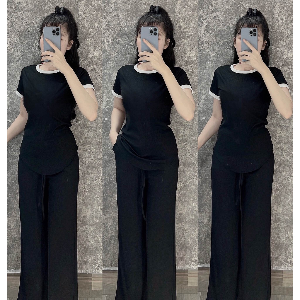 Đồ bộ nữ, set đồ bộ quần ống rộng cạp cao có túi kèm áo ôm ngắn tay lai bầu thun gân, đồ mặc ở nhà nữ, mẫu hot 2023