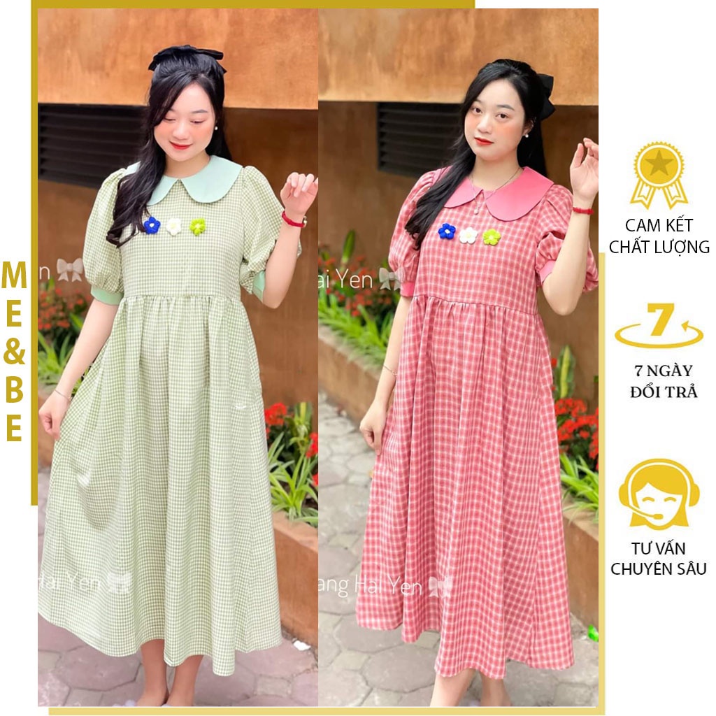VÁY BẦU CÔNG SỞ MÙA HÈ KẺ CARO CỔ SEN PHỐI HOA ĐẸP - ĐẦM BẦU XINH DỰ TIỆC MẶC TRƯỚC VÀ SAU SINH FREESIZE
