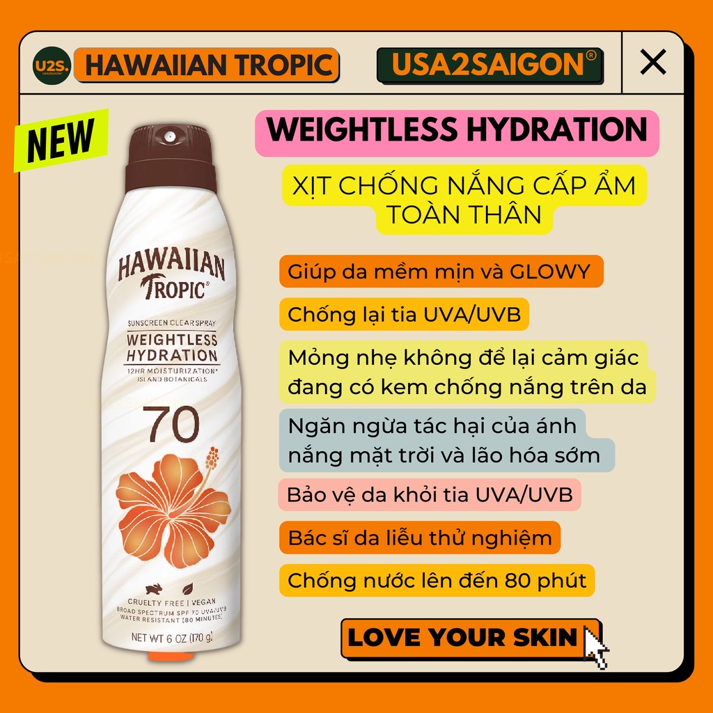 Xịt Chống Nắng Toàn Thân Hawaiian Tropic Clear Spray Sunscreen, Lightweight Broad Spectrum SPF 30 SPF 70, Silk Hydration