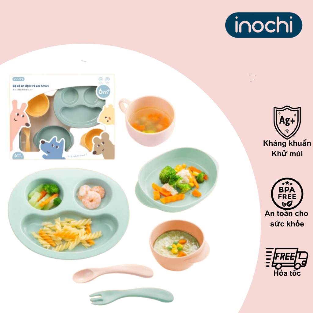 Bộ dụng cụ ăn dặm cho bé, bộ muỗng nĩa, chén bát, ly cốc Inochi Amori Nhật Bản, an toàn tuyệt đối, đồ chế biến Vapu HCM