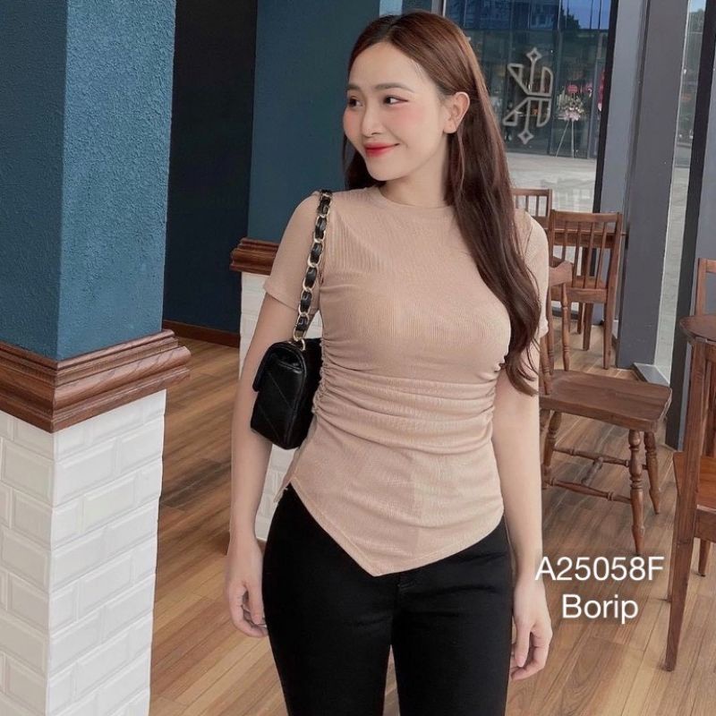 Áo thun zip ngắn tay body vạt xéo ,áo thun kiểu rúm eo vạt nhọn ,phong cách cá tính A