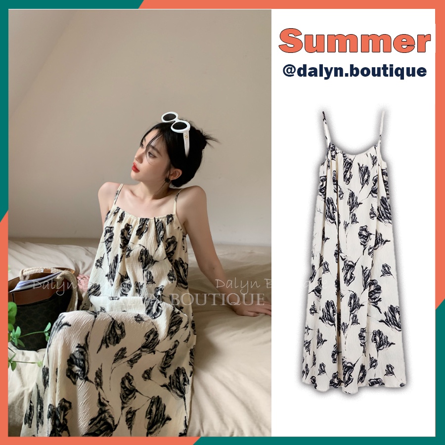 Váy 2 Dây Hoa Nhăn Dáng Dài Hở Lưng Đi Biển, Du Lịch Bigsize Cho Bà Bầu - Dalyn