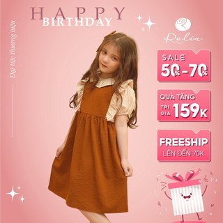 Váy bé gái nâu cam phối be ROLIA Mabel cổ và ngực được phối bèo rất Vintage, chất đũi mềm nhẹ mát V96