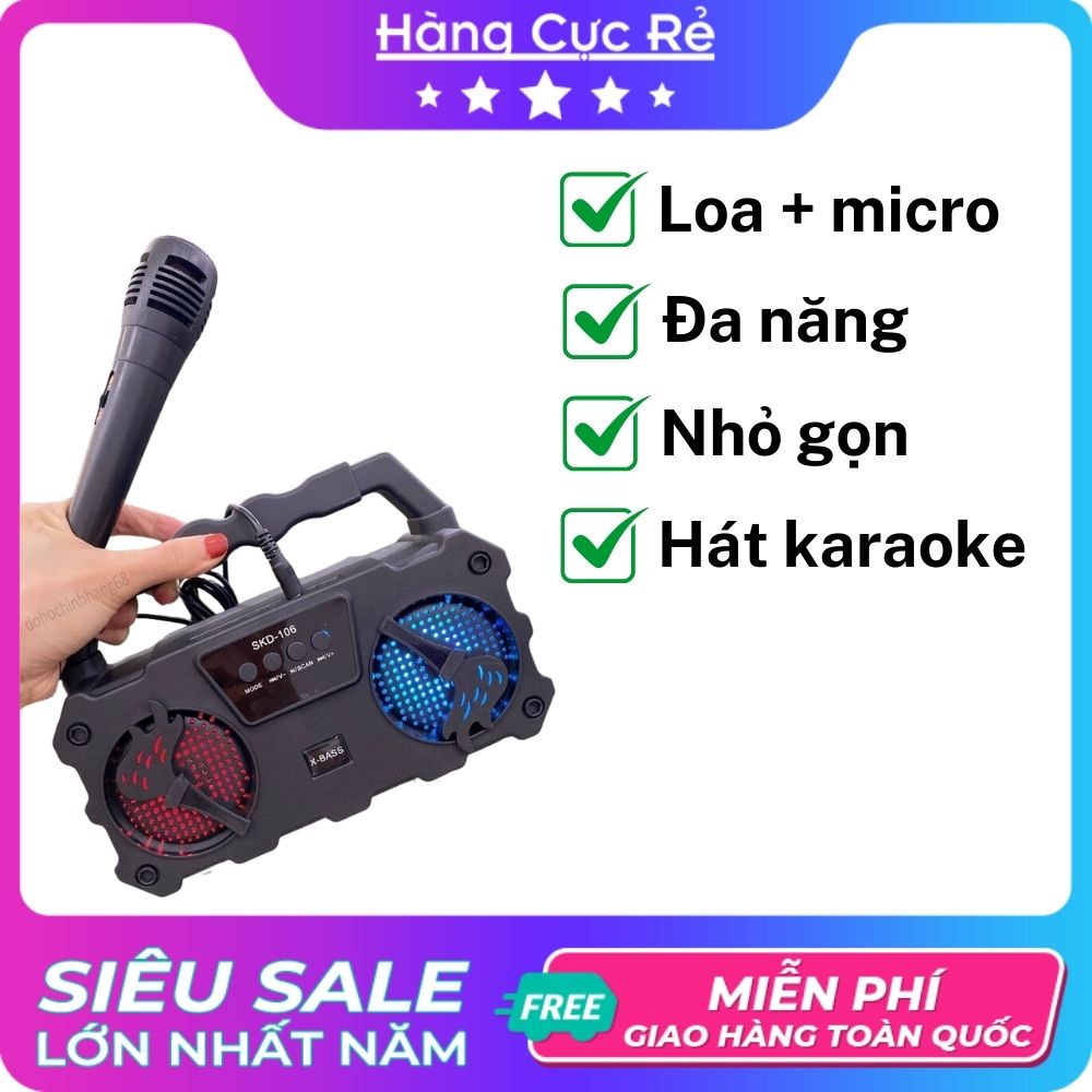 Loa Karaoke bluetooth mini 10W, tặng micro dây dài 2m, đèn led chớp nháy sống động - Shop Hàng Cực Rẻ HCR106