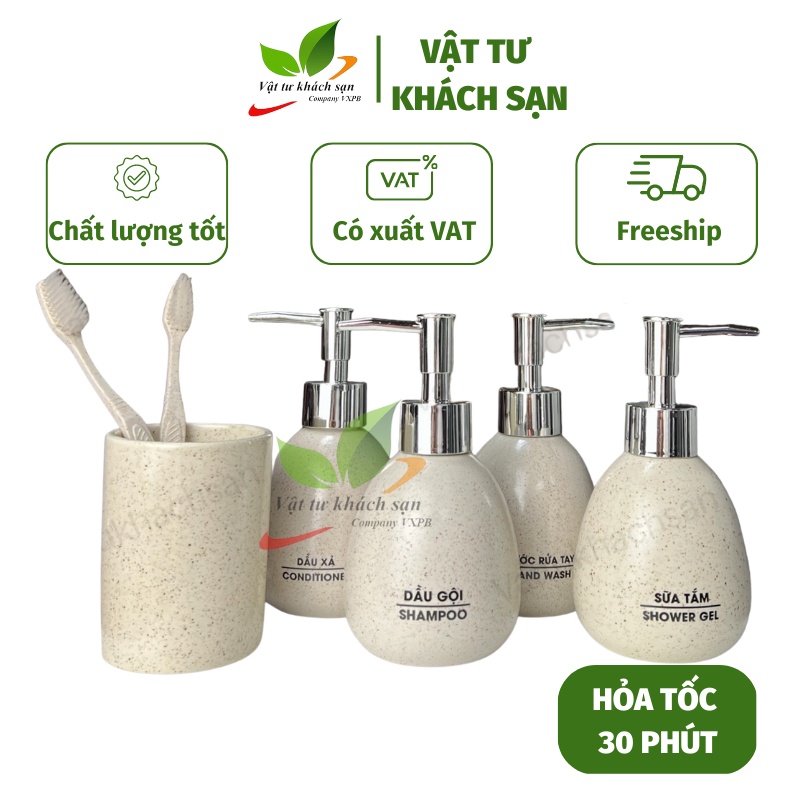 Bình Gốm Sứ Đựng Dầu Gội, Dầu Xả, Cốc Đánh Răng Dáng tròn bầu Vân Cát VẬT TƯ KHÁCH SẠN