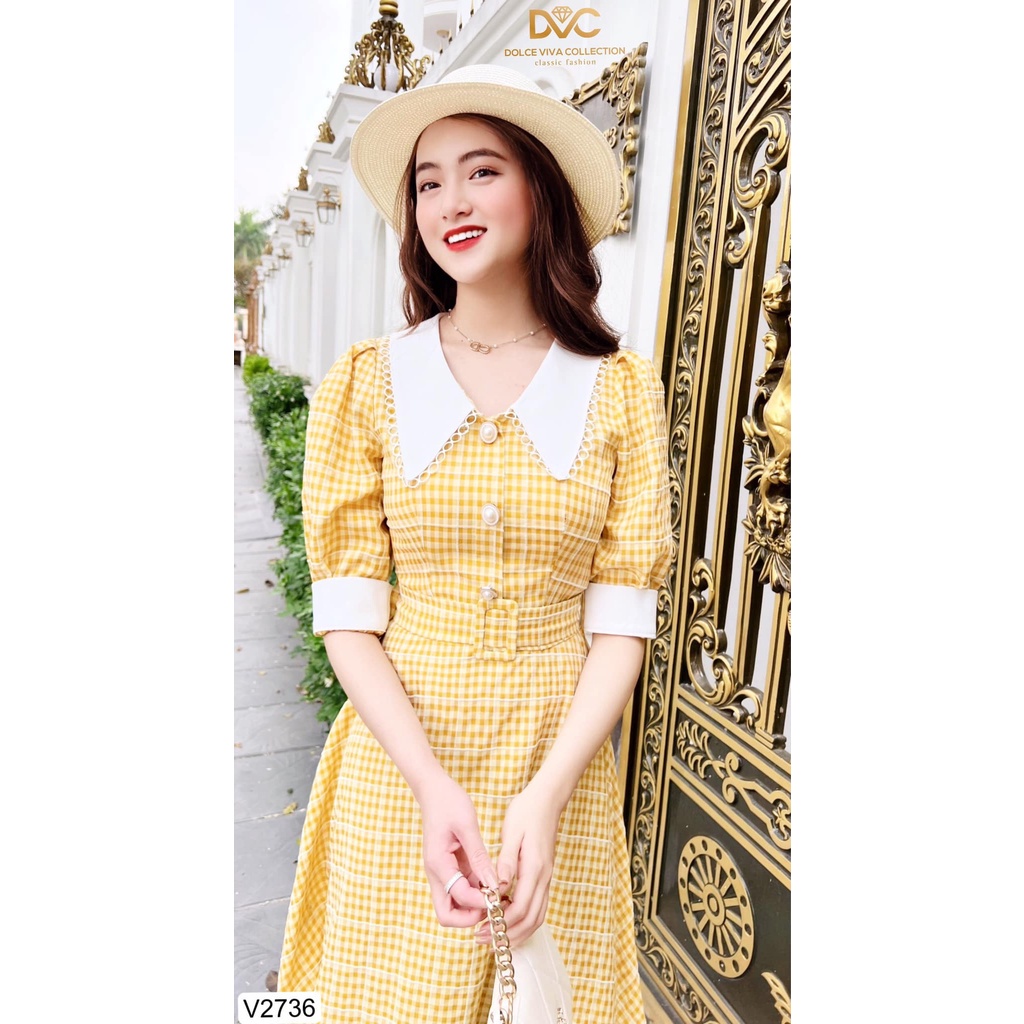 Váy Caro Vàng Cổ Sen Trắng Viền Tròn, Tay Lỡ V2736 - VÁY THIẾT KẾ DỰ TIỆC, CÔNG SỞ, DẠO PHỐ