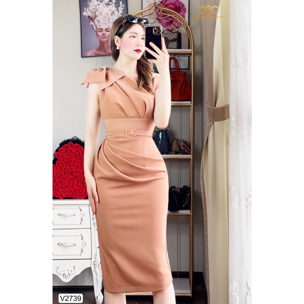 Váy Nâu Tây Body Lệch Vai Nơ Nhún Eo V2739 - VÁY THIẾT KẾ DỰ TIỆC, CÔNG SỞ, DẠO PHỐ