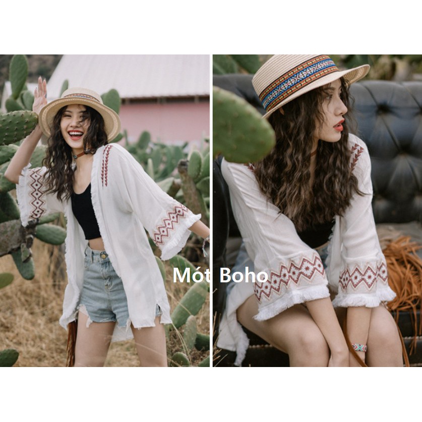 Áo khoác mỏng viền đỏ MÓT BOHO chất đũi thêu hoạ tiết phong cách Bohemian | BigBuy360 - bigbuy360.vn