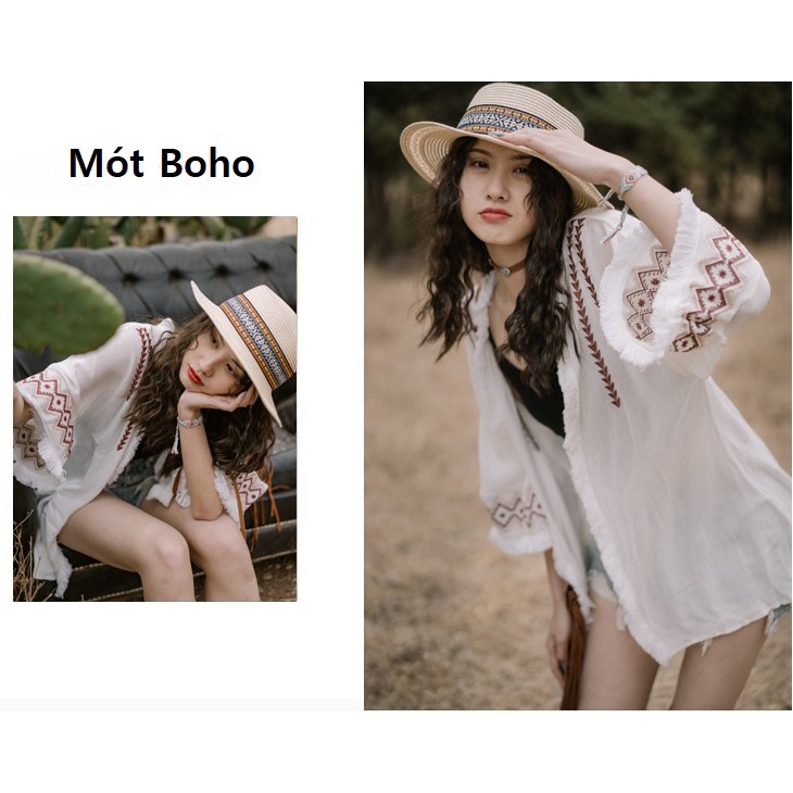 Áo khoác mỏng viền đỏ MÓT BOHO chất đũi thêu hoạ tiết phong cách Bohemian | BigBuy360 - bigbuy360.vn