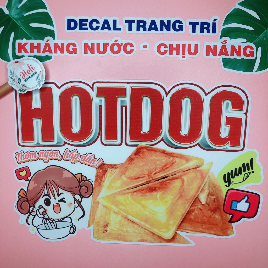 Decal Trang Trí Quán HOTDOG Loại 1 ✨ Hình Dán Decor Quán Ăn, Trà Sữa, Cà Phê - Sticker Kháng Nước, Chịu Nắng, Cắt Sẵn.