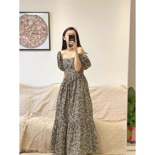 [Order - 946] Đầm hoa nhí cổ vuông tay bồng dáng dài