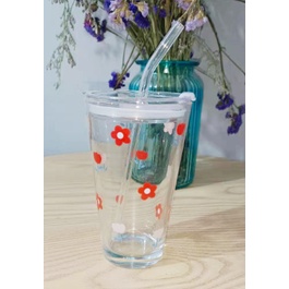 Cốc thuỷ tinh hoa nhí dài kèm ống hút CTT46 cute dễ thương decor vintage 400ml