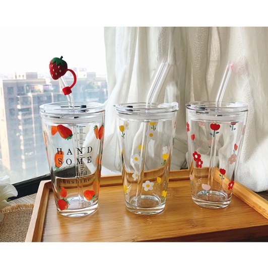 Cốc thuỷ tinh hoa nhí dài kèm ống hút CTT46 cute dễ thương decor vintage 400ml