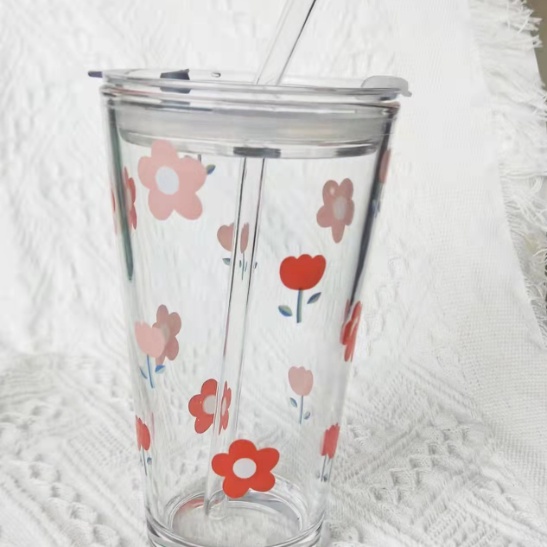 Cốc thuỷ tinh hoa nhí dài kèm ống hút CTT46 cute dễ thương decor vintage 400ml