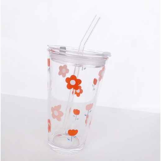 Cốc thuỷ tinh hoa nhí dài kèm ống hút CTT46 cute dễ thương decor vintage 400ml