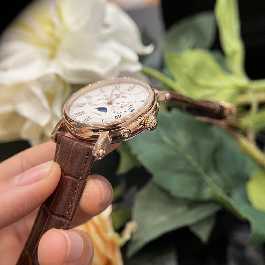 Đồng hồ Nam Patex 6kim size 40mm chạy cơ automatic vỏ vàng gold dây da thứ ngày tháng trăng sao