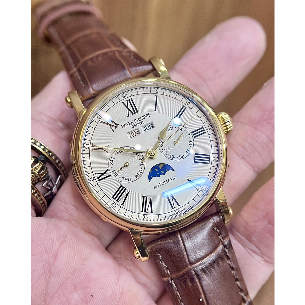 Đồng hồ Nam Patex 6kim size 40mm chạy cơ automatic vỏ vàng gold dây da thứ ngày tháng trăng sao