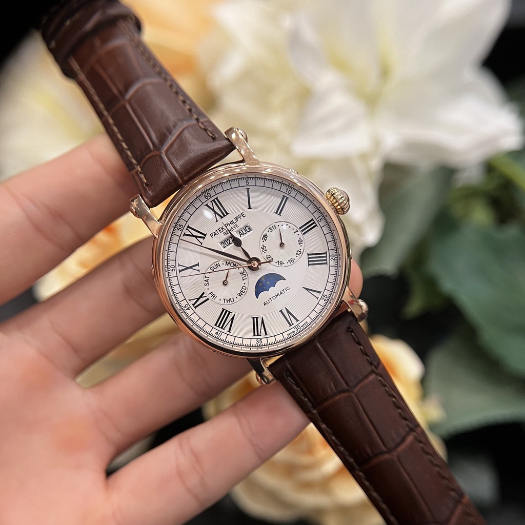 Đồng hồ Nam Patex 6kim size 40mm chạy cơ automatic vỏ vàng gold dây da thứ ngày tháng trăng sao