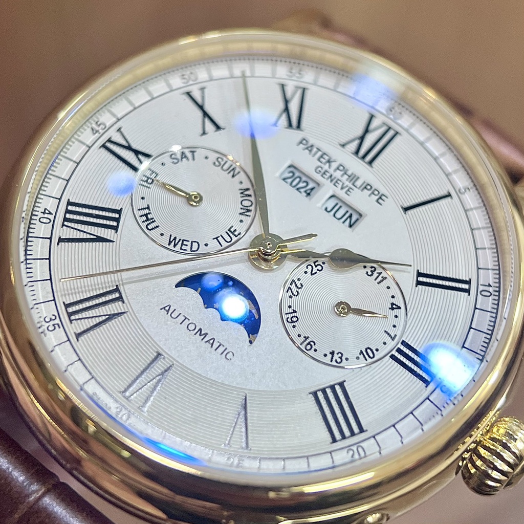 Đồng hồ Nam Patex 6kim size 40mm chạy cơ automatic vỏ vàng gold dây da thứ ngày tháng trăng sao