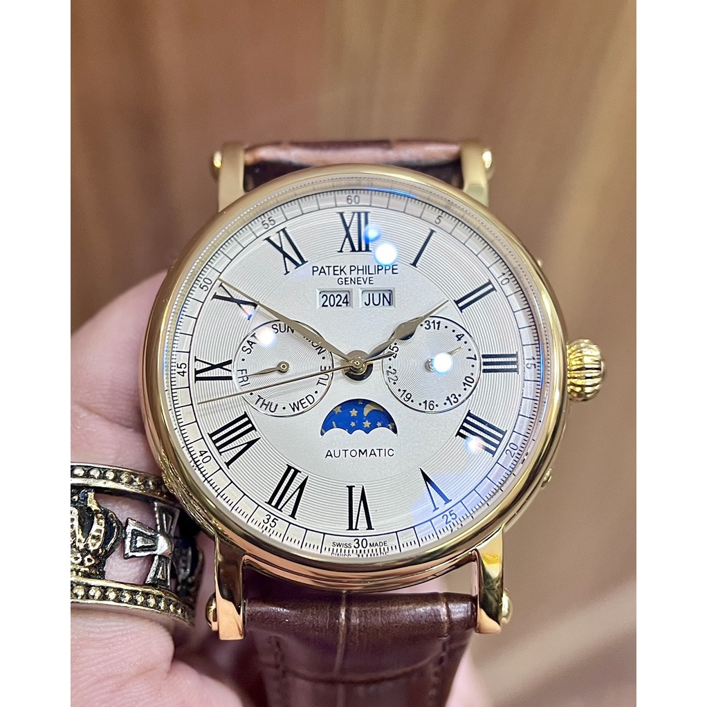 Đồng hồ Nam Patex 6kim size 40mm chạy cơ automatic vỏ vàng gold dây da thứ ngày tháng trăng sao