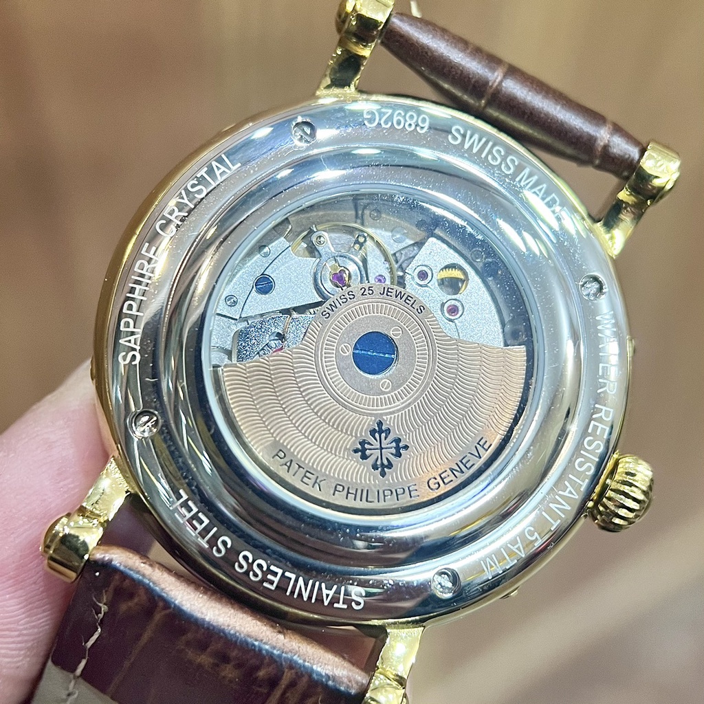 Đồng hồ Nam Patex 6kim size 40mm chạy cơ automatic vỏ vàng gold dây da thứ ngày tháng trăng sao