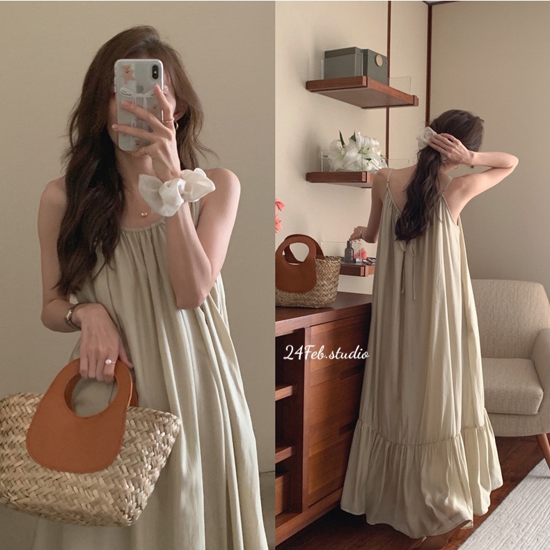 Váy hai dây đũi xước đuôi cá dáng maxi phong cách Vintage Hàn Quốc