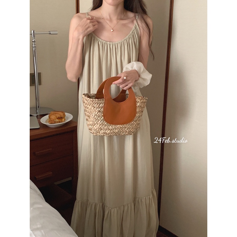 Váy hai dây đũi xước đuôi cá dáng maxi phong cách Vintage Hàn Quốc