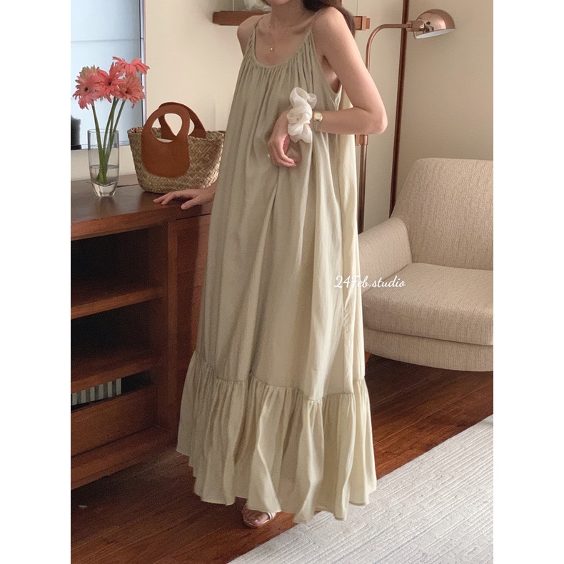 Váy hai dây đũi xước đuôi cá dáng maxi phong cách Vintage Hàn Quốc