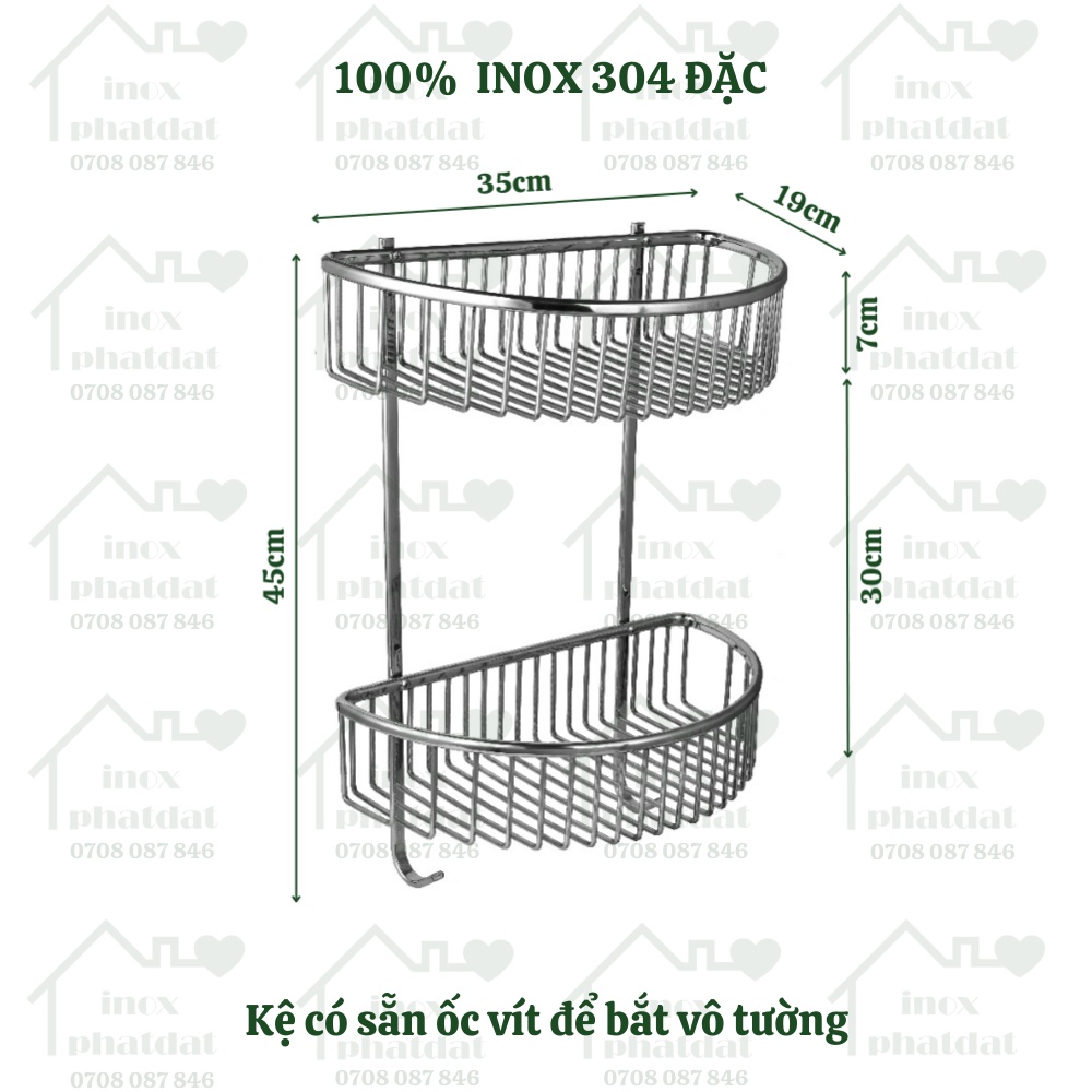 Kệ nhà tắm 2 tầng treo tường PHÁT ĐẠT Inox 304, kệ để đồ xà bông, giá để xà phòng phòng tắm