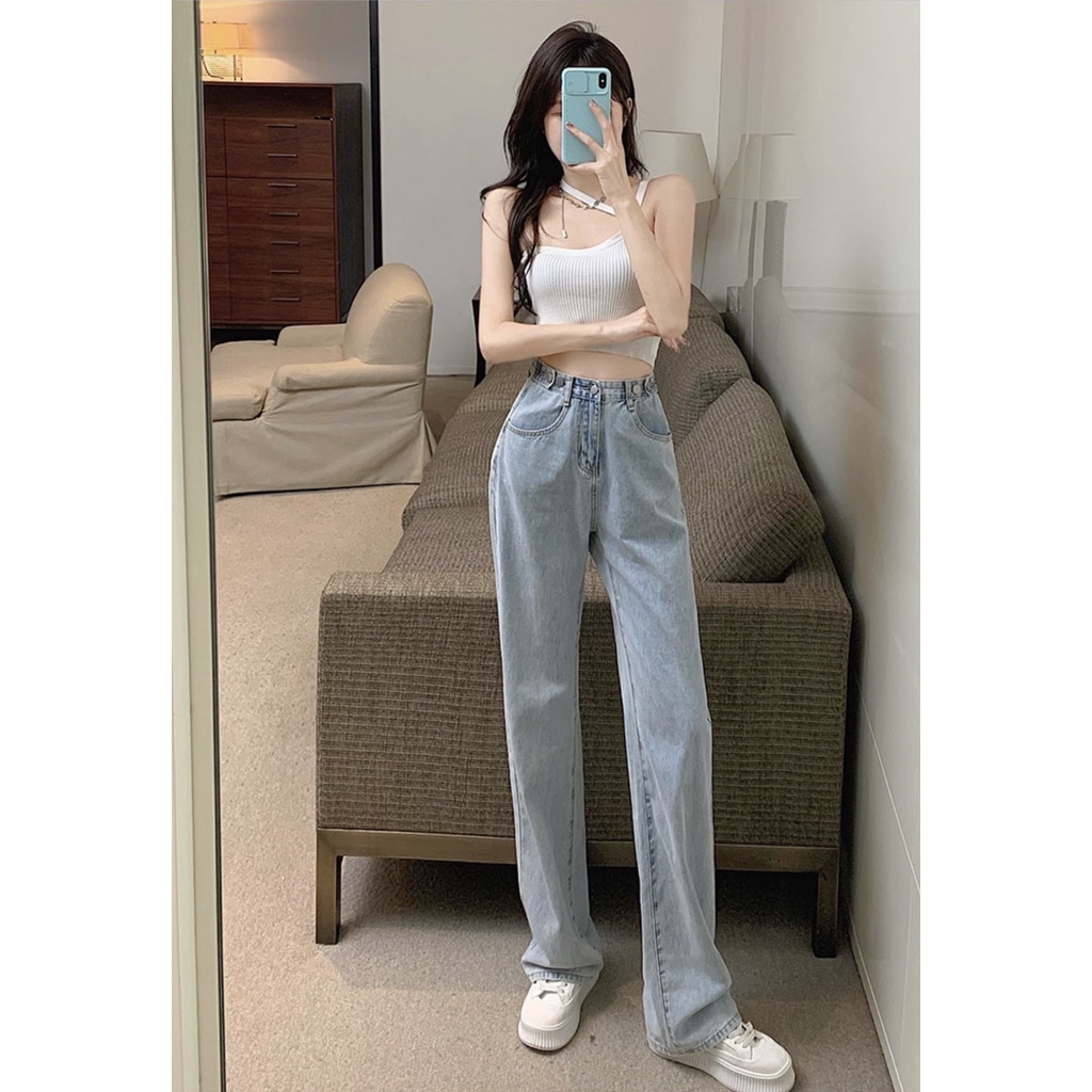 Quần Jeans Nữ Ống Rộng Lưng Cao Suông Chouanh, Quần bò style Đường phố hàn quốc mẫu mới nhất 2023